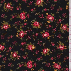 7/8 YD PC-Black/Coral Mini Floral Cluster Sanded Crepe Fabric