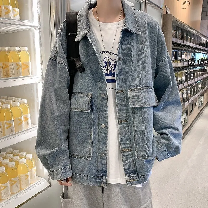 Autumn Casual Blue Denim Jacket Men's Fashion Retro Pocket Tooling Denim Jackets Mens Streetwear Loose Hip-hop Bomber Jacket Men