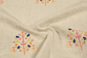 Beige Motifs Embroidered Cotton Flax Fabric