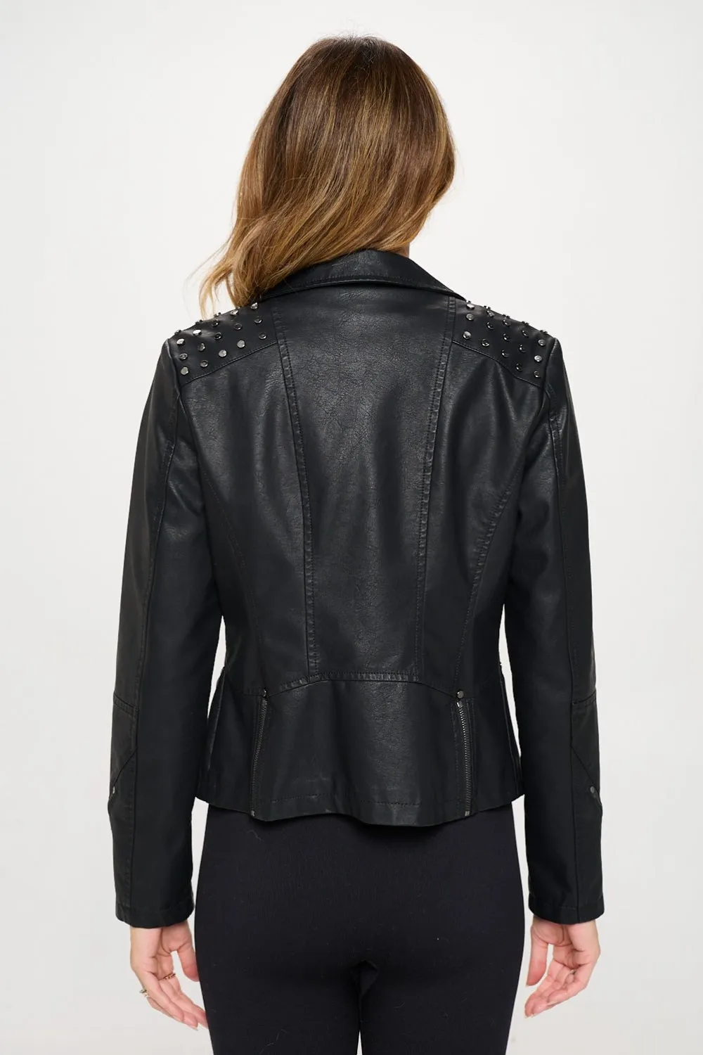 Coalition Black LA Studded Classic Moto Vegan Leather Jacket