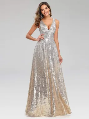 Deep V Neck A-Line Sleeveless Sequin Evening Gowns for Party
