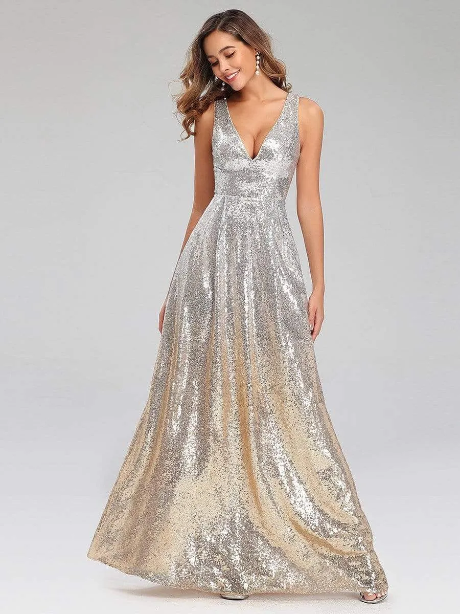 Deep V Neck A-Line Sleeveless Sequin Evening Gowns for Party