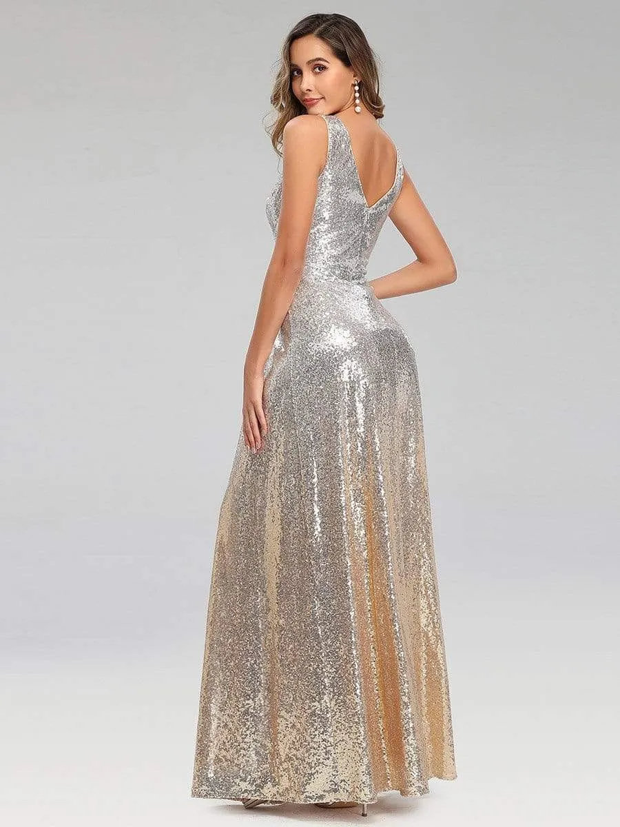 Deep V Neck A-Line Sleeveless Sequin Evening Gowns for Party