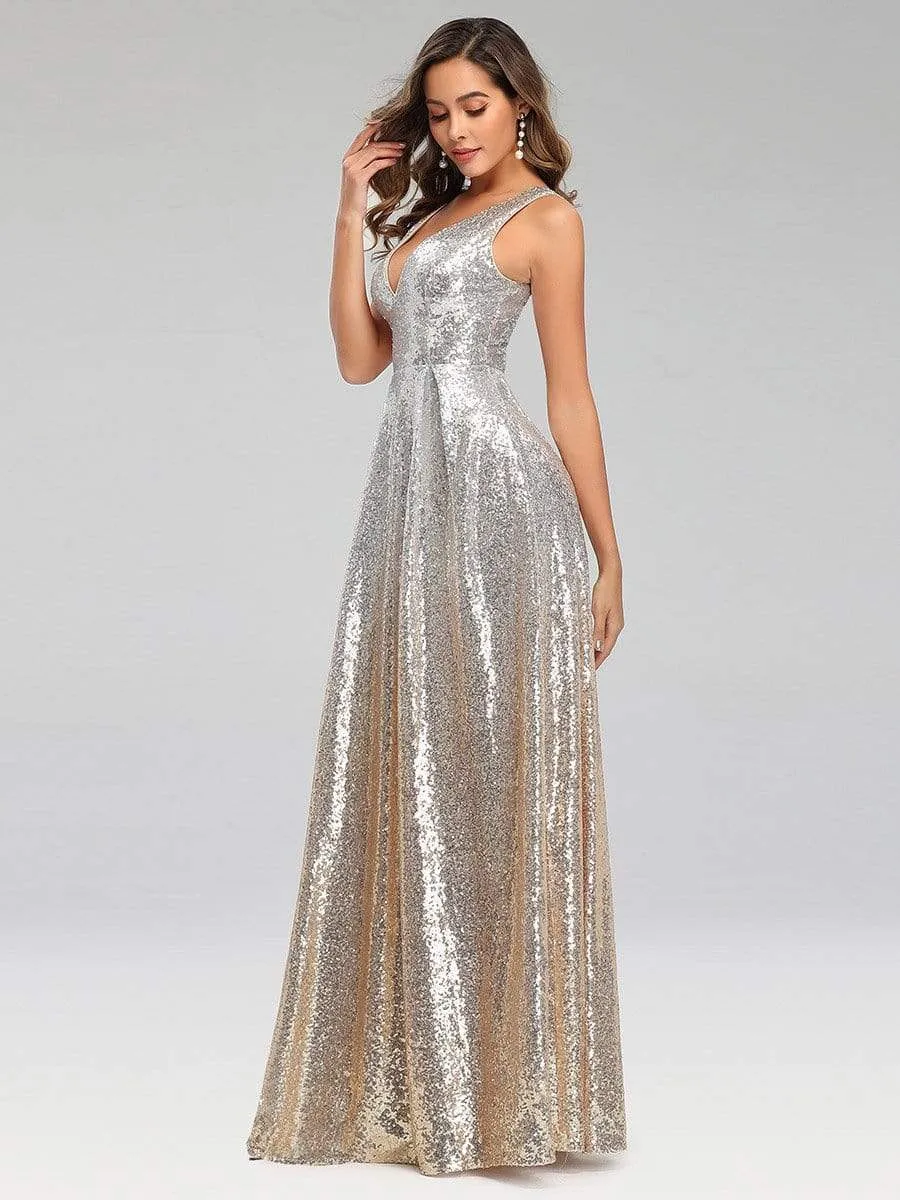 Deep V Neck A-Line Sleeveless Sequin Evening Gowns for Party