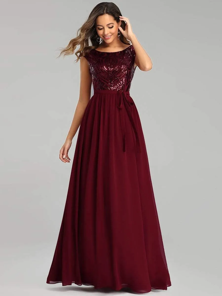 Elegant Long Sequin and Chiffon Bridesmaid Dresses with Belt for Wedding