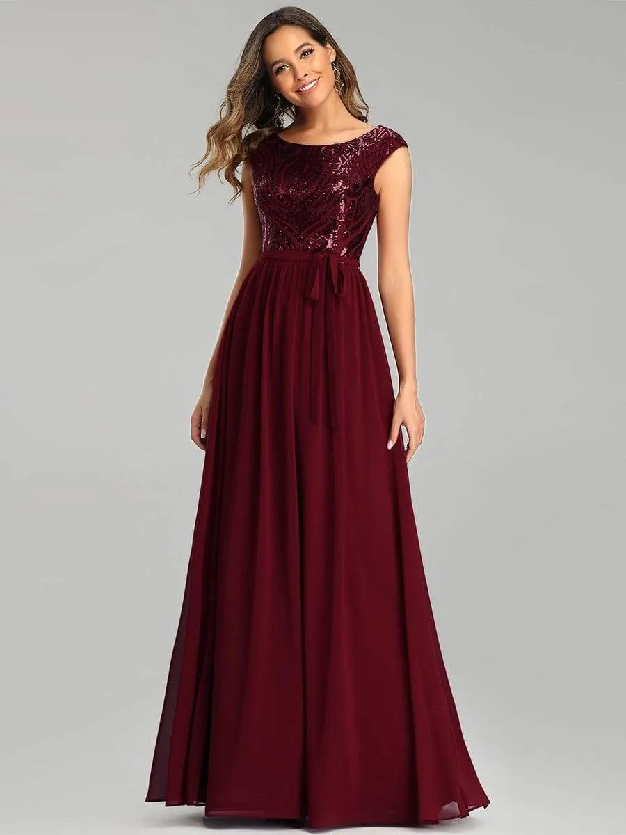 Elegant Long Sequin and Chiffon Bridesmaid Dresses with Belt for Wedding