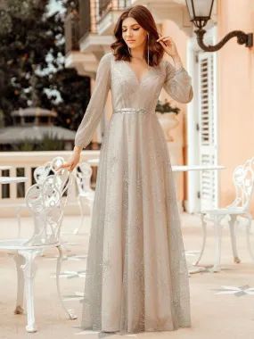 Elegant V-Neck Prom Party Dresses with Lantern Long Sleeve