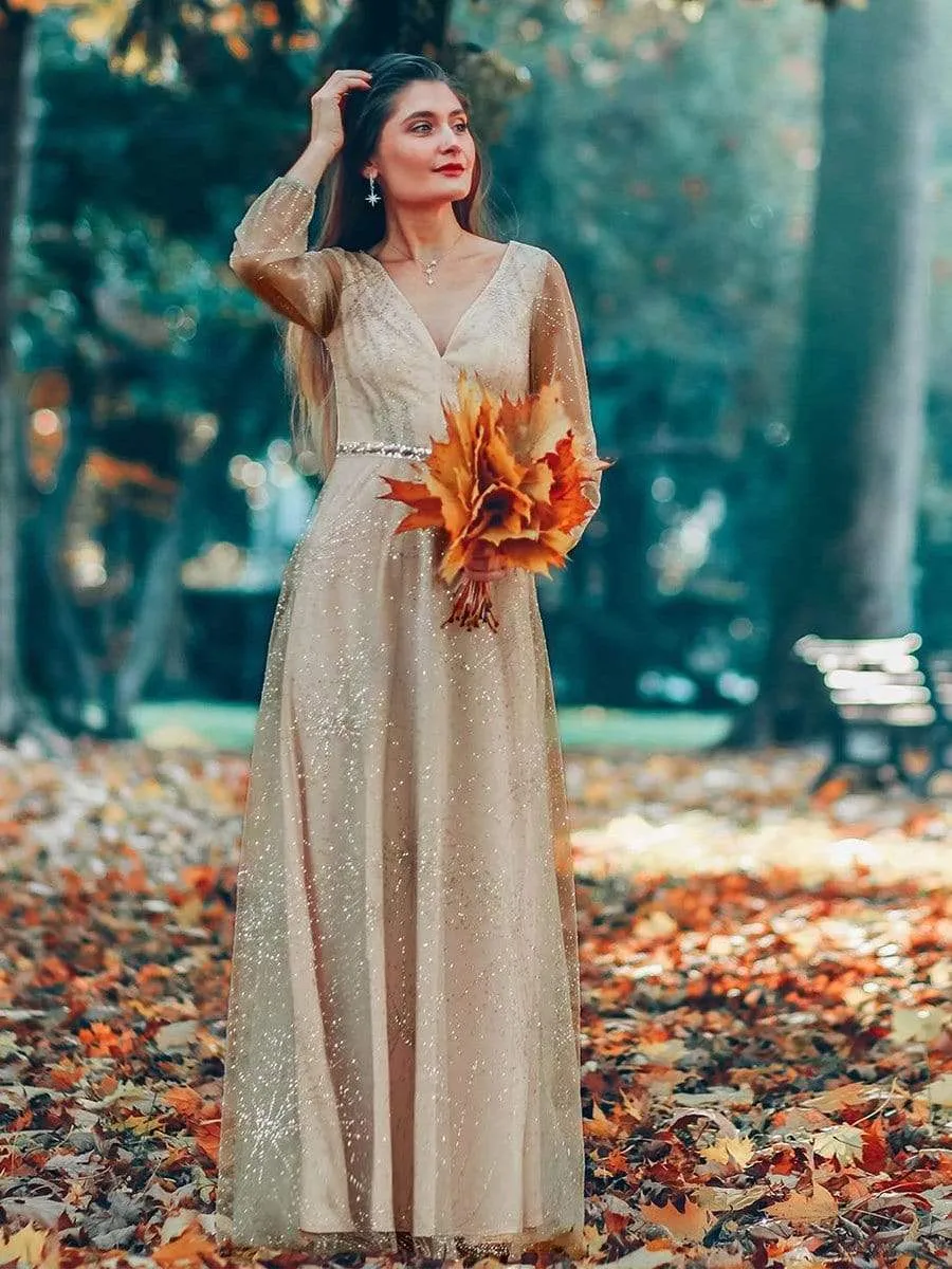 Elegant V-Neck Prom Party Dresses with Lantern Long Sleeve