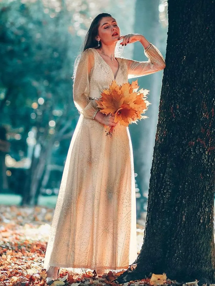 Elegant V-Neck Prom Party Dresses with Lantern Long Sleeve