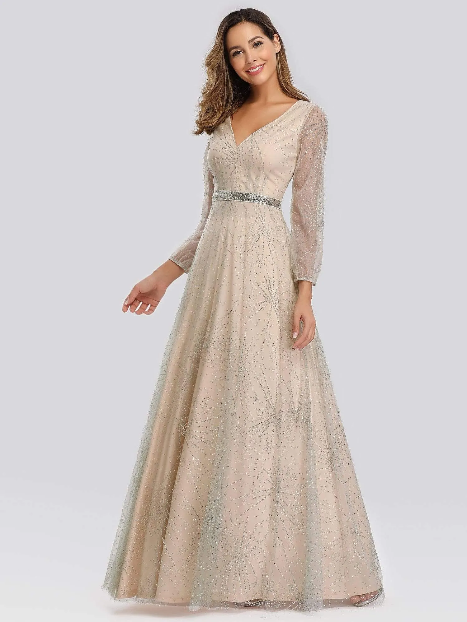 Elegant V-Neck Prom Party Dresses with Lantern Long Sleeve