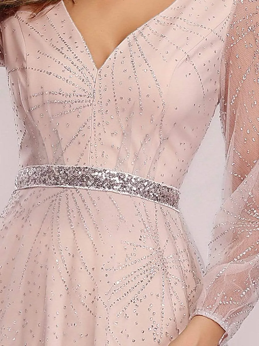 Elegant V-Neck Prom Party Dresses with Lantern Long Sleeve
