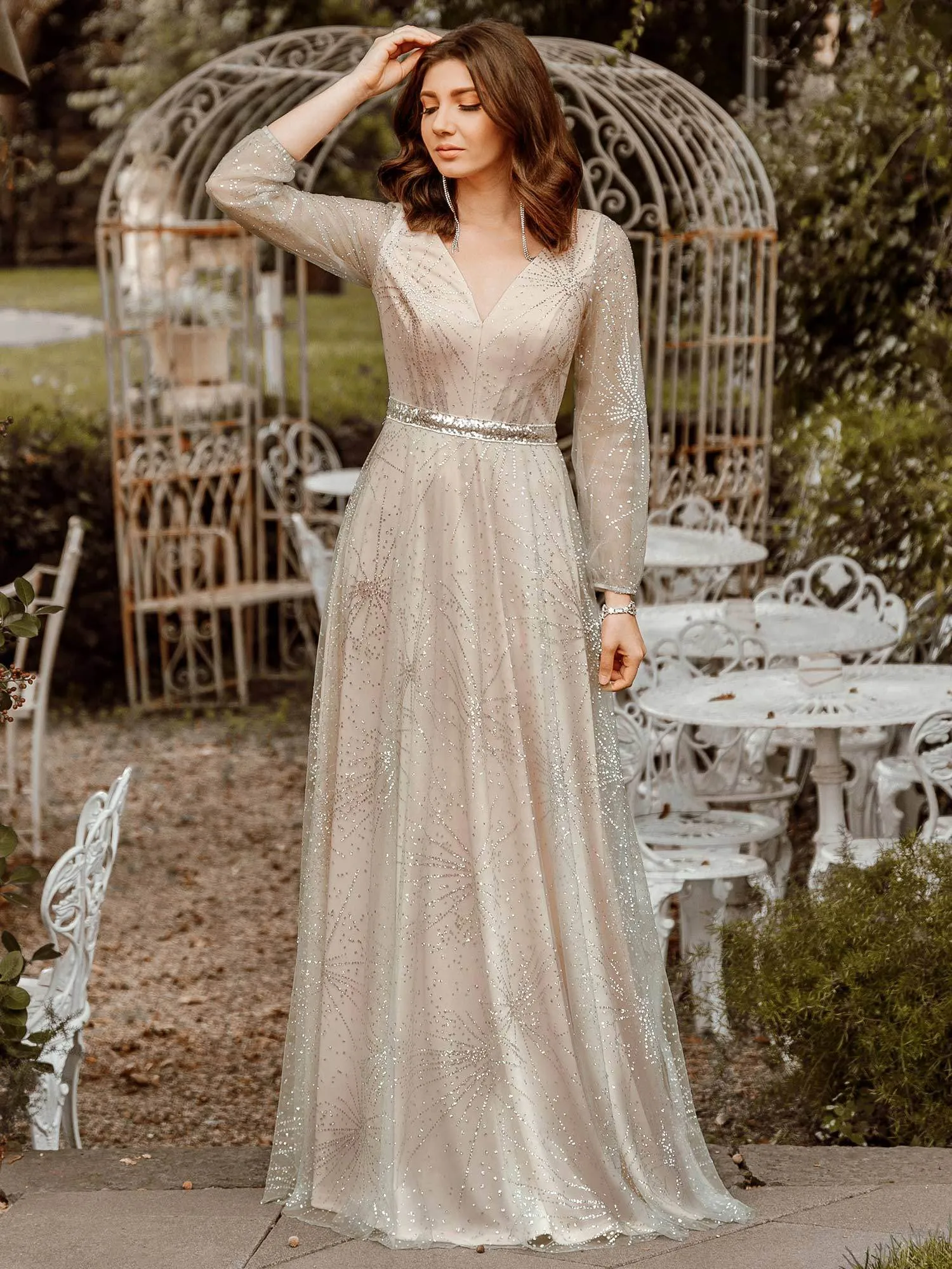 Elegant V-Neck Prom Party Dresses with Lantern Long Sleeve