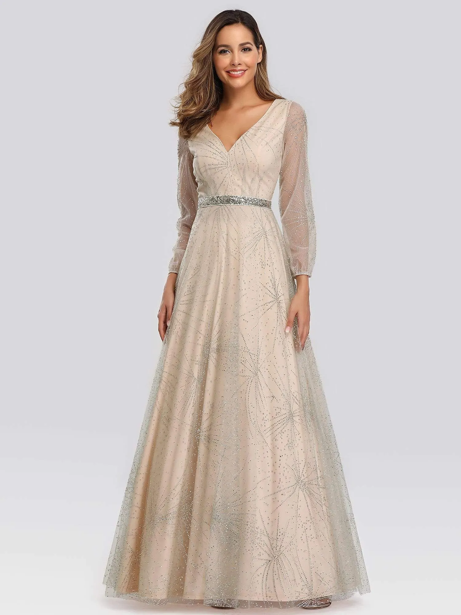 Elegant V-Neck Prom Party Dresses with Lantern Long Sleeve