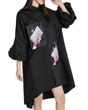 ellazhu Women's Shirt Dress Button Down Ruffle Sleeve Lapel Flowy Hem Pattern Black Oversize Loose Summer GE15
