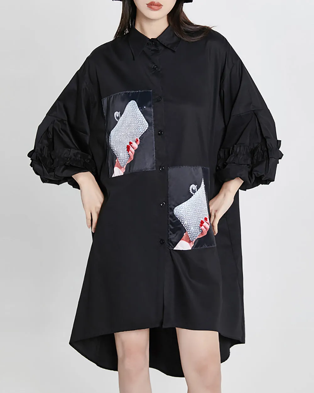 ellazhu Women's Shirt Dress Button Down Ruffle Sleeve Lapel Flowy Hem Pattern Black Oversize Loose Summer GE15