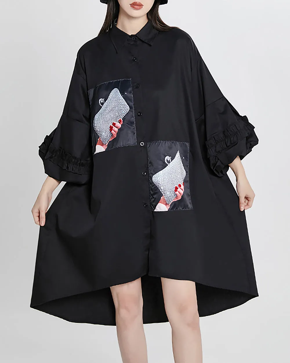 ellazhu Women's Shirt Dress Button Down Ruffle Sleeve Lapel Flowy Hem Pattern Black Oversize Loose Summer GE15