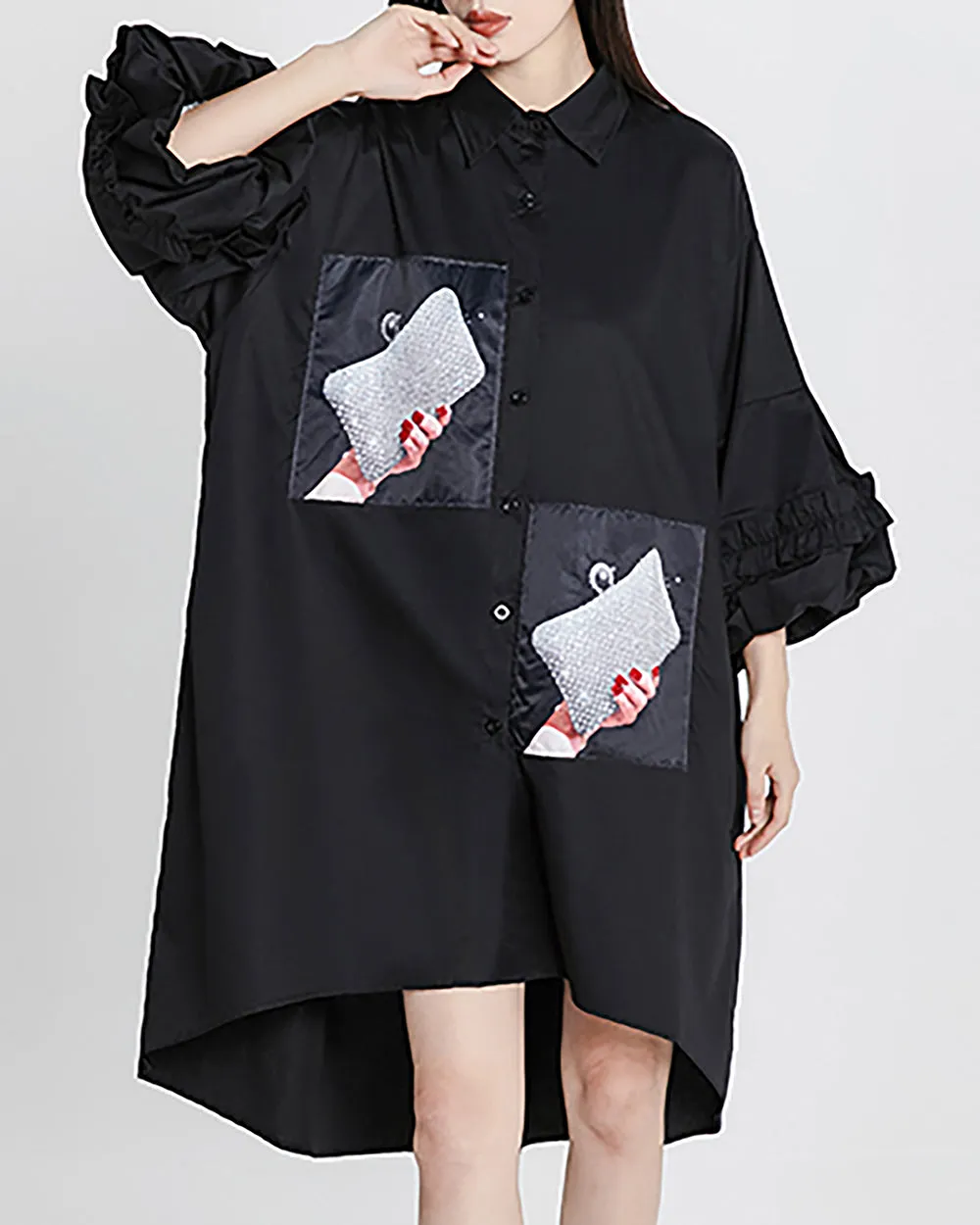 ellazhu Women's Shirt Dress Button Down Ruffle Sleeve Lapel Flowy Hem Pattern Black Oversize Loose Summer GE15