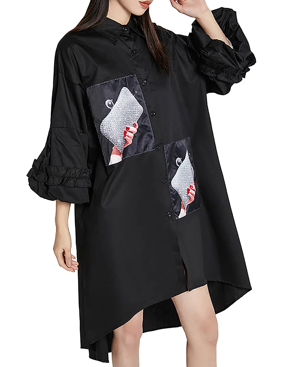 ellazhu Women's Shirt Dress Button Down Ruffle Sleeve Lapel Flowy Hem Pattern Black Oversize Loose Summer GE15