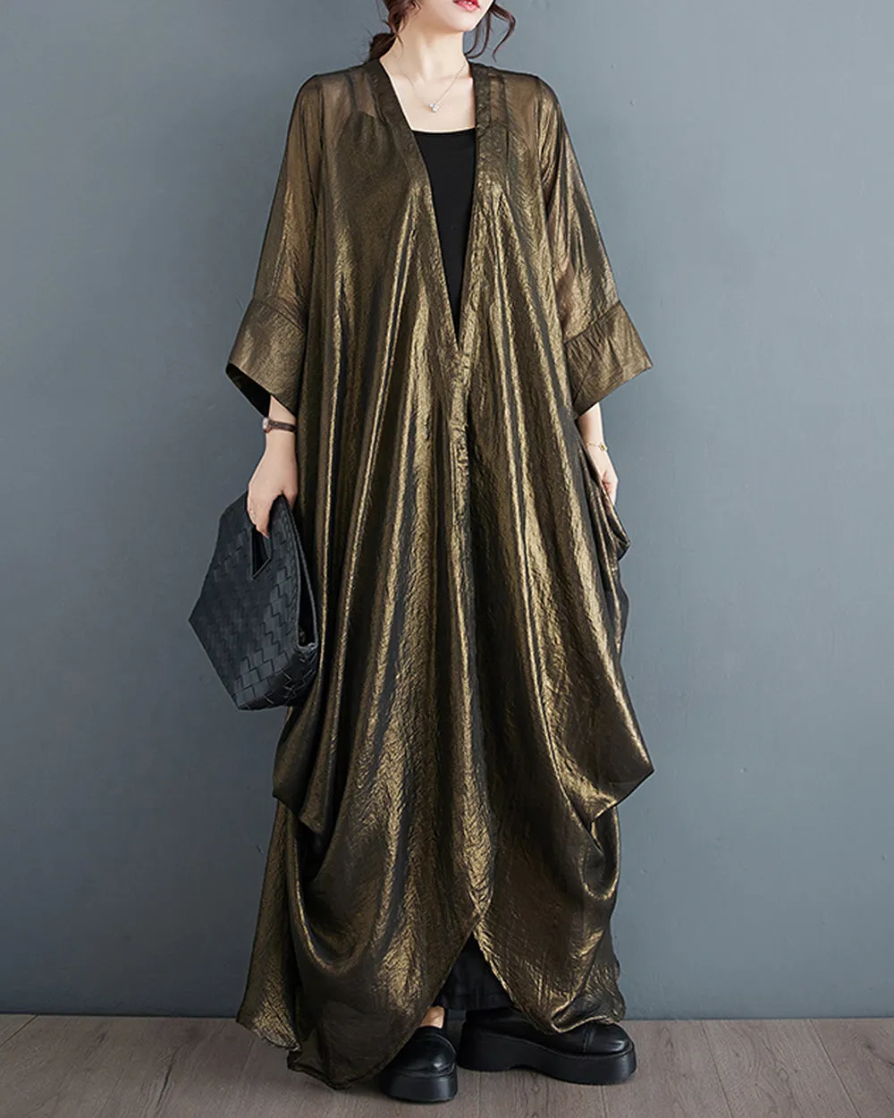 ellazhu Women's Windbreaker Coat Thin Loose Oversize Solid Brown Long Sleeve Irregular Hem GZ214