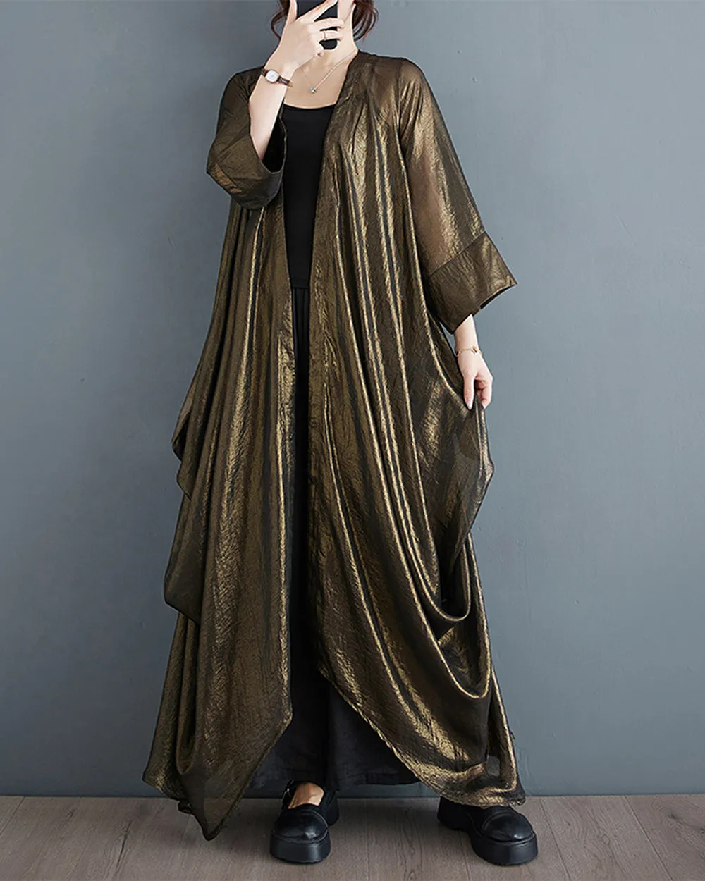 ellazhu Women's Windbreaker Coat Thin Loose Oversize Solid Brown Long Sleeve Irregular Hem GZ214