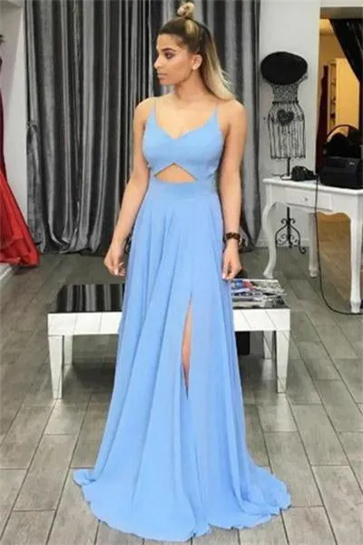 Flowy Long Blue Spaghetti Straps Open Back Chiffon Prom Dress