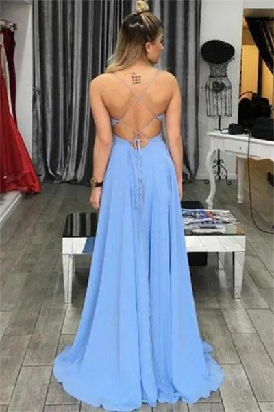 Flowy Long Blue Spaghetti Straps Open Back Chiffon Prom Dress
