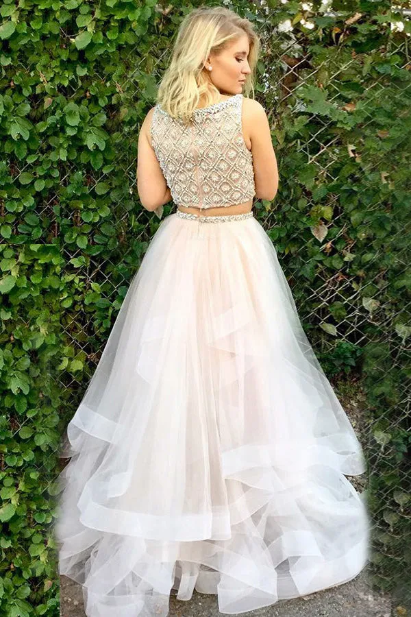 Flowy Two Pieces Long Beading Evening Dress Prom Dress