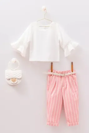 Girls Summer Casual White & Pink Set - MIALIA - White - Pink