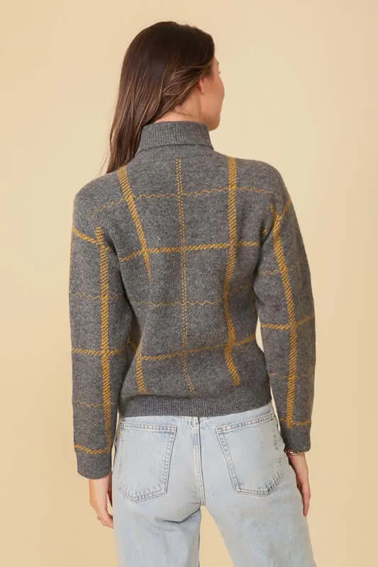 Grey Yellow Plaid Turtle Neck Sweater