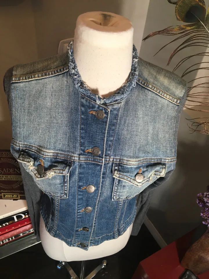 John Eshaya Size P/S Blue Denim Gray Knit Sleeve Jacket - 2400-192-51320