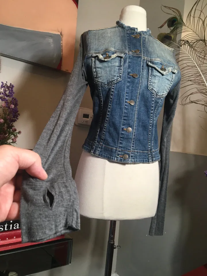 John Eshaya Size P/S Blue Denim Gray Knit Sleeve Jacket - 2400-192-51320