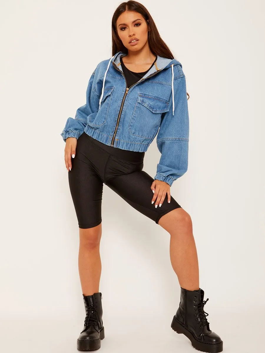 Kerie Cropped Denim Jacket With Hood In Blue