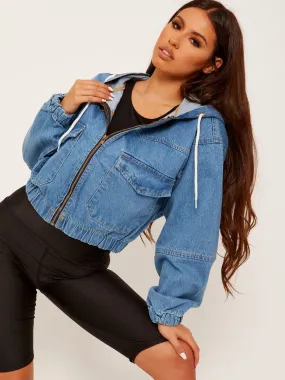 Kerie Cropped Denim Jacket With Hood In Blue