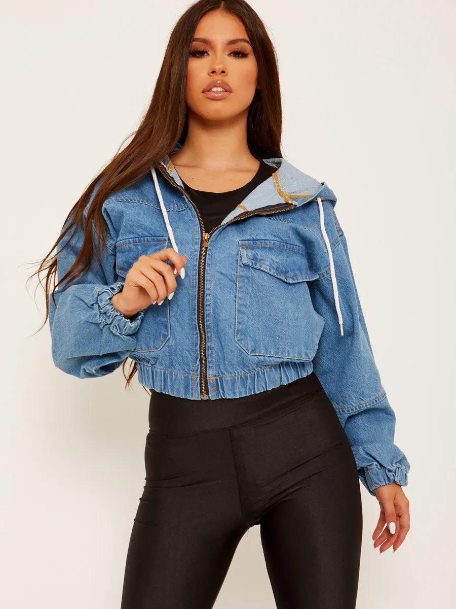 Kerie Cropped Denim Jacket With Hood In Blue
