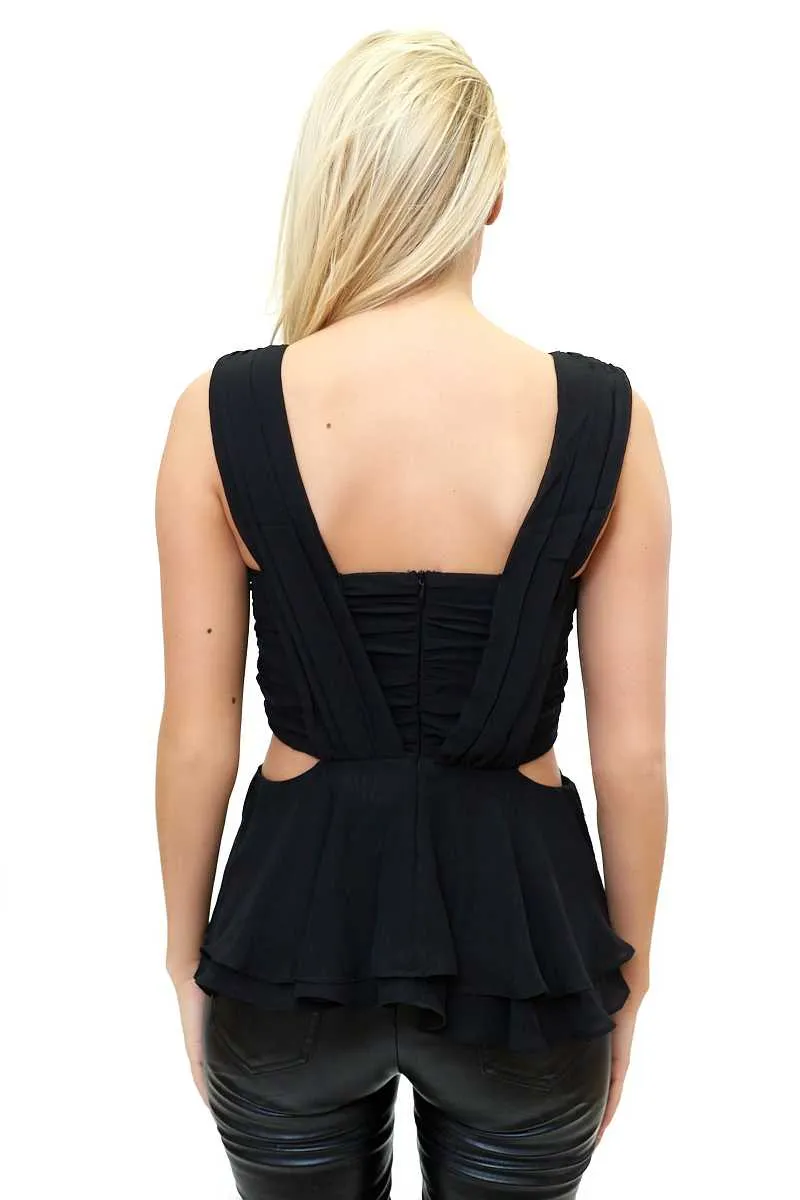 Kourtney - Black Chiffon Pleated Cut Out Top
