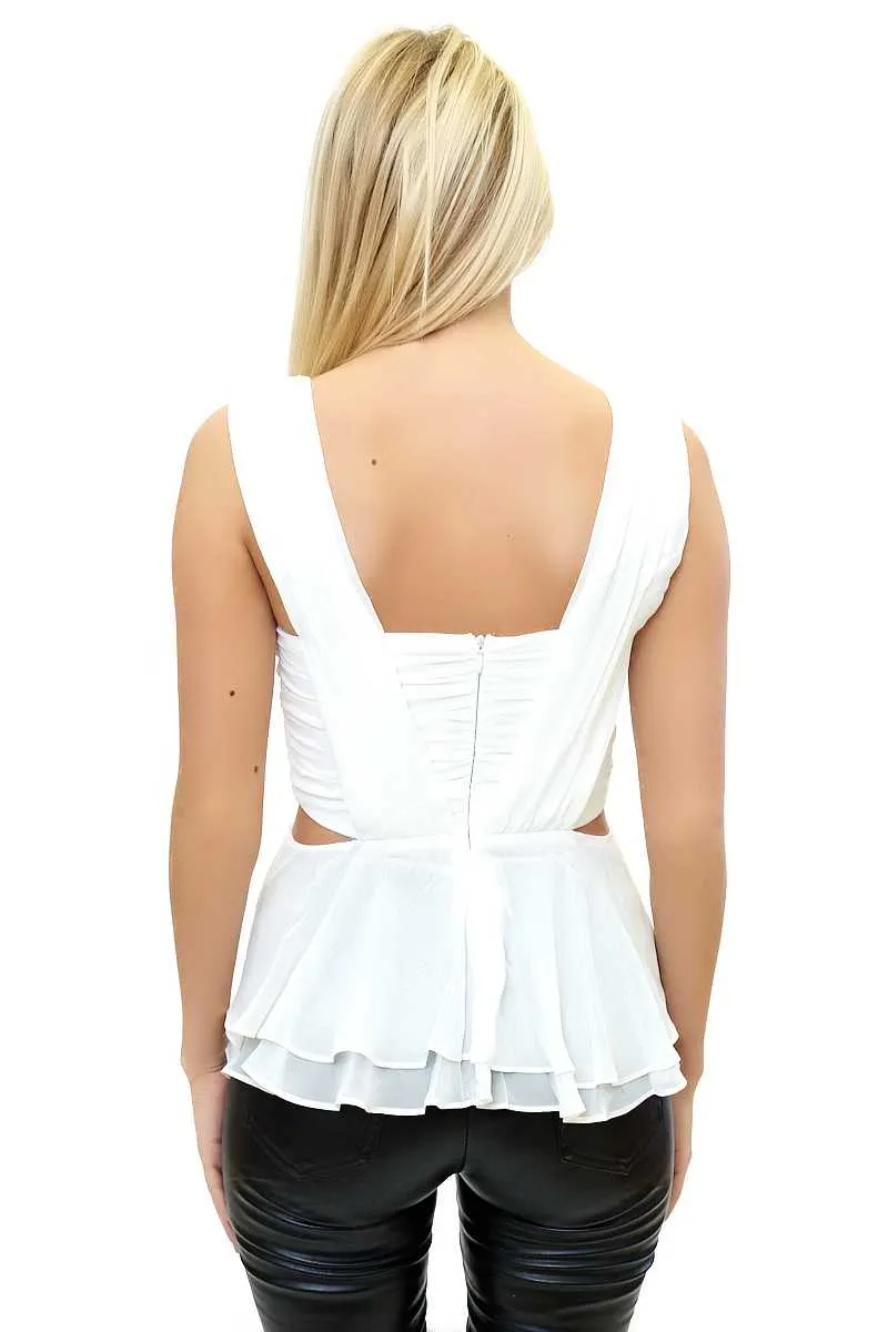 Kourtney - White Chiffon Pleated Cut Out Top