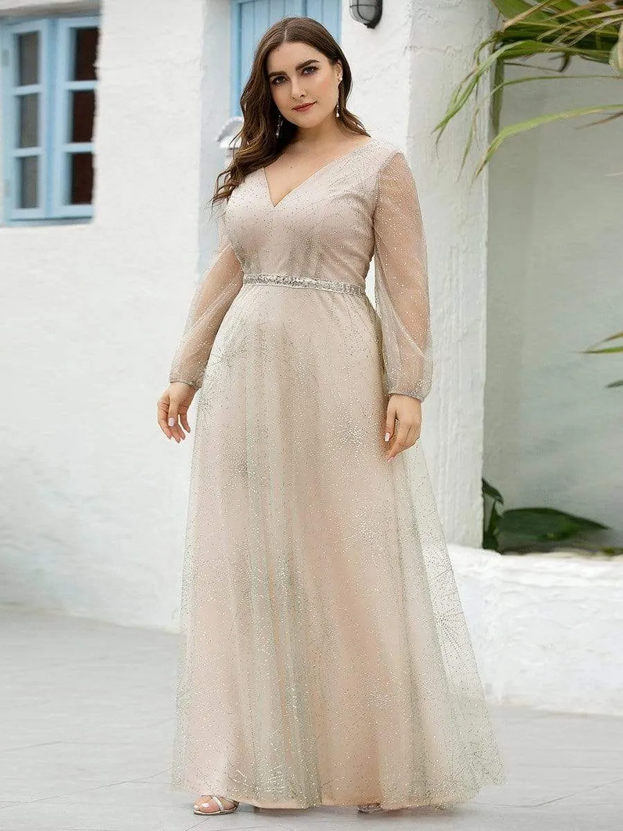 Maxi Long Plus Size Prom Party Dresses with Lantern Long Sleeve