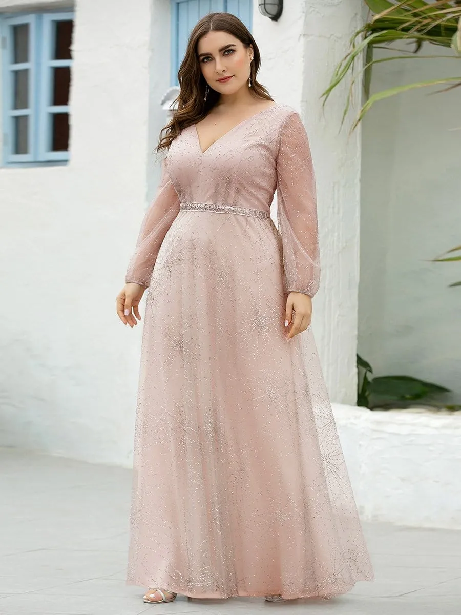 Maxi Long Plus Size Prom Party Dresses with Lantern Long Sleeve