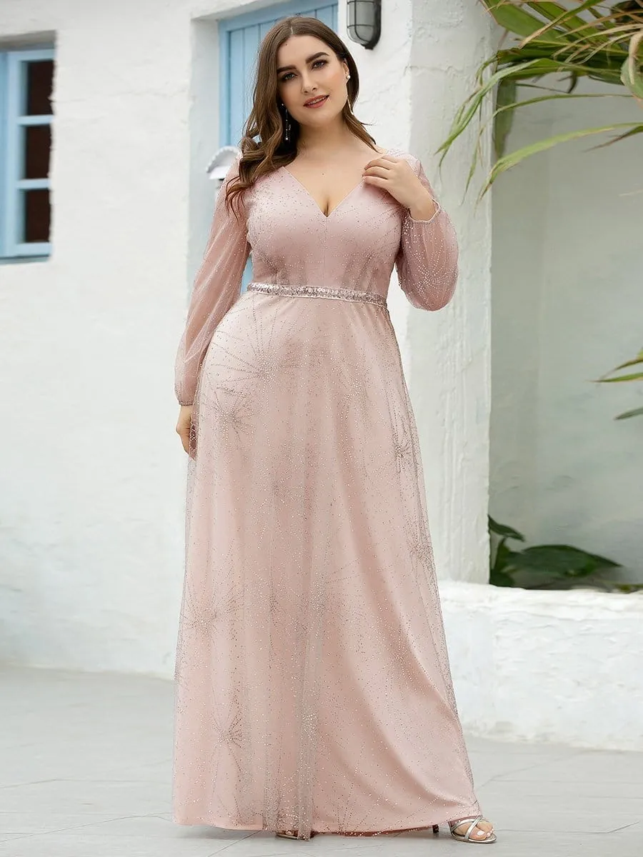 Maxi Long Plus Size Prom Party Dresses with Lantern Long Sleeve