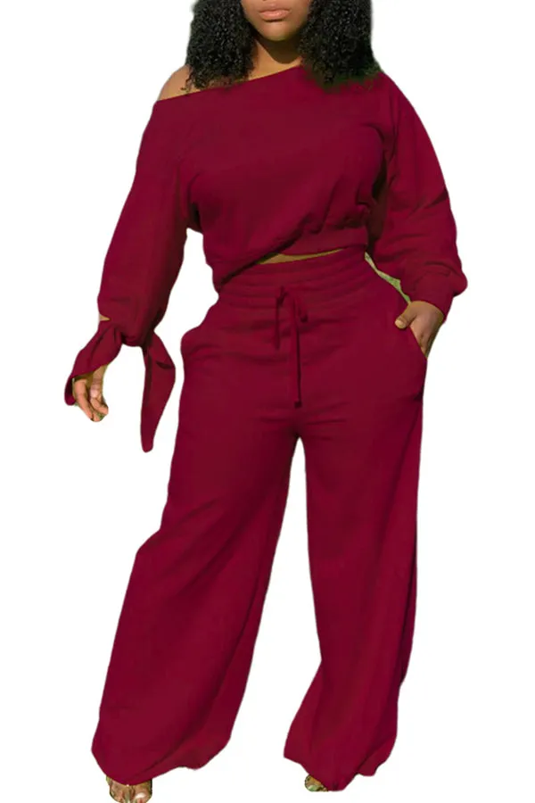 MB FASHION Off-Shoulder Lounge Set with Wide-Leg Pants and Tie Sleeves 12157