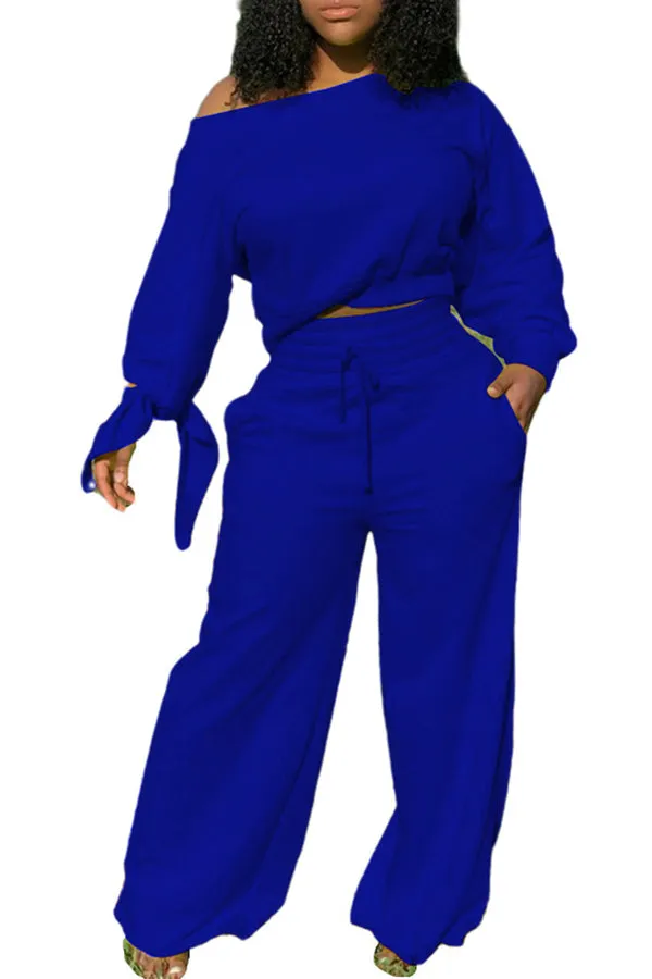 MB FASHION Off-Shoulder Lounge Set with Wide-Leg Pants and Tie Sleeves 12157