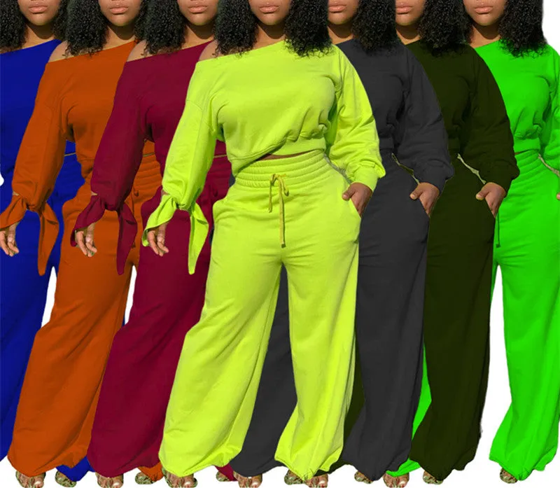 MB FASHION Off-Shoulder Lounge Set with Wide-Leg Pants and Tie Sleeves 12157