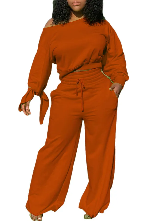 MB FASHION Off-Shoulder Lounge Set with Wide-Leg Pants and Tie Sleeves 12157