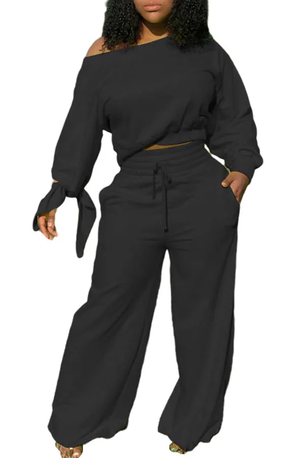 MB FASHION Off-Shoulder Lounge Set with Wide-Leg Pants and Tie Sleeves 12157