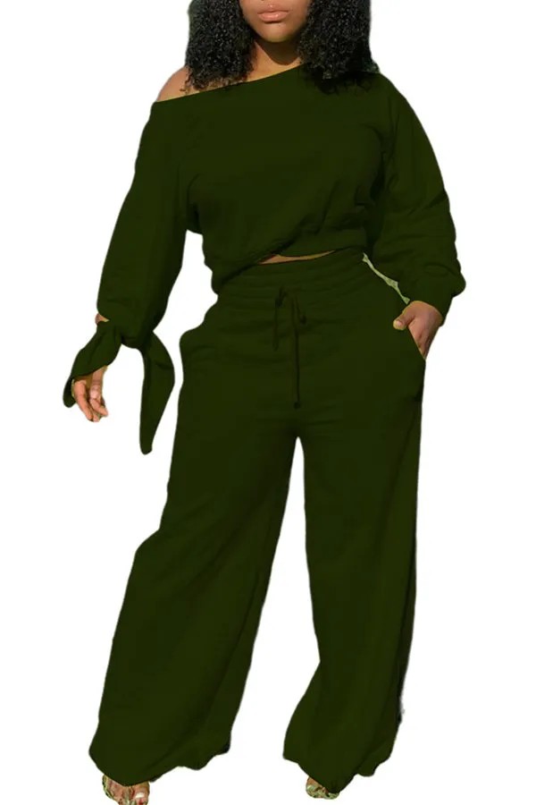 MB FASHION Off-Shoulder Lounge Set with Wide-Leg Pants and Tie Sleeves 12157