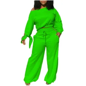 MB FASHION Off-Shoulder Lounge Set with Wide-Leg Pants and Tie Sleeves 12157