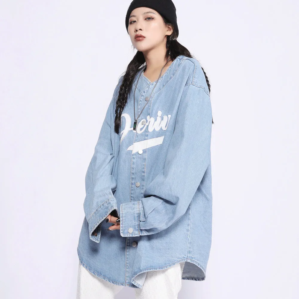 Men Denim Coat Jean Jackets Embroidered Letters Washed Do the Old Cowboy Jacket Men's Retro Loose V-neck Denim Jacket