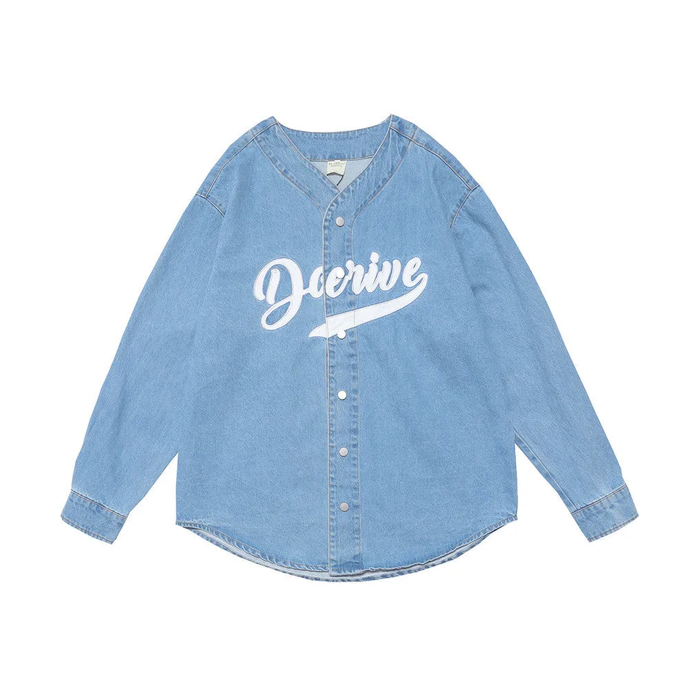 Men Denim Coat Jean Jackets Embroidered Letters Washed Do the Old Cowboy Jacket Men's Retro Loose V-neck Denim Jacket