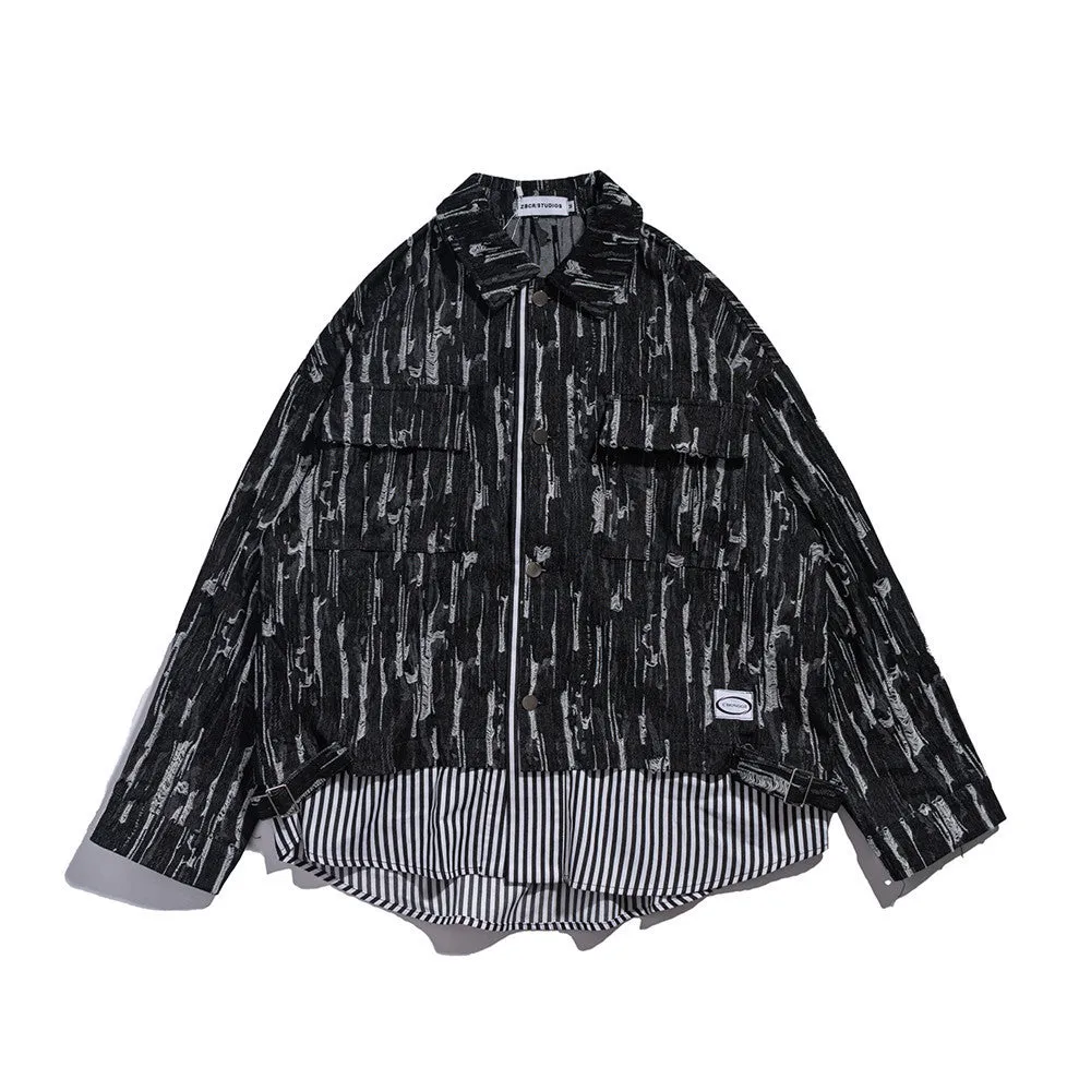Men Denim Coat Jean Jackets Retro Style Worn-out Denim Jacket Men's Loose Lapels Shirt Stitching False Two-Piece Jackets
