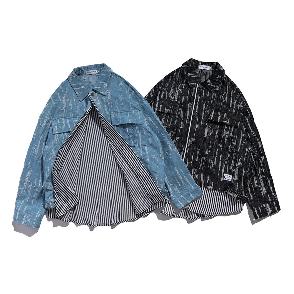 Men Denim Coat Jean Jackets Retro Style Worn-out Denim Jacket Men's Loose Lapels Shirt Stitching False Two-Piece Jackets